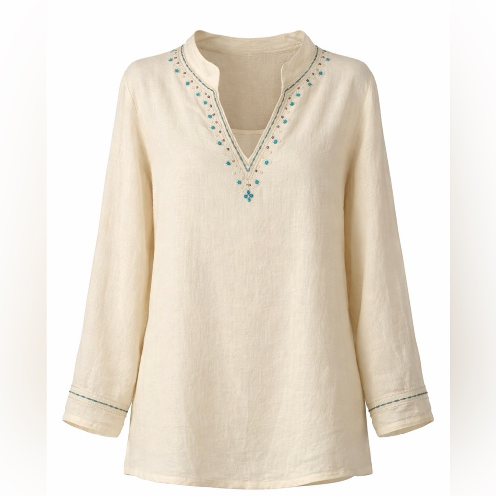 Rafaella 100% linen V neck blouse plus size 22W. Cream color w/ turquoise beads